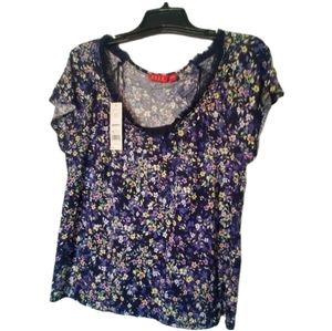 ELLE Chiffon Trim Top Blue Floral size L NWT
